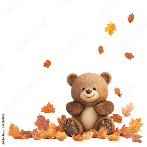 A cheerful teddy bear surrounded by colorful autumn leaves in a whimsical fall setting, perfect for seasonal designs. photo