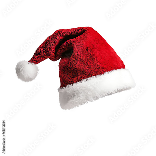 A classic red Santa hat with white fur trim, perfect for festive holiday celebrations and Christmas decorations.