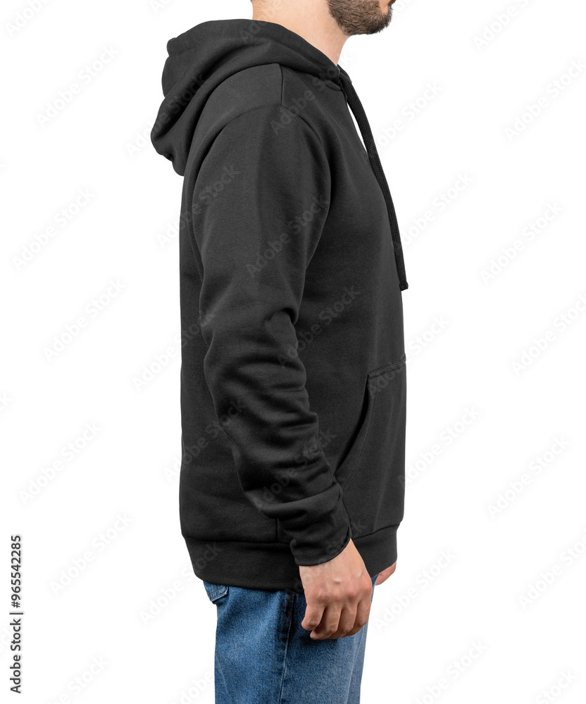 Black hoodie on man. Long sleeve sweatshirt with hood isolated on white background. Casual wear. Youth style. Fashion. Style. Fabric. Black hoodie on man. Long sleeve sweatshirt with hood isolated on white background. Casual wear. Youth style. Fashion. Style. Fabric.