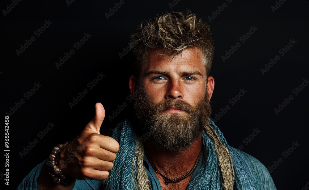A confident man giving a thumbs up, showcasing a stylish beard and casual attire, set against a dark background. A confident man giving a thumbs up, showcasing a stylish beard and casual attire, set against a dark background.