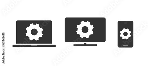 Computer, cell phone, laptop system update icon vector simple pictogram graphic, smartphone cellphone software setup upgrade ui glyph sign set, hardware technical maintenance repair gear cogwheel

