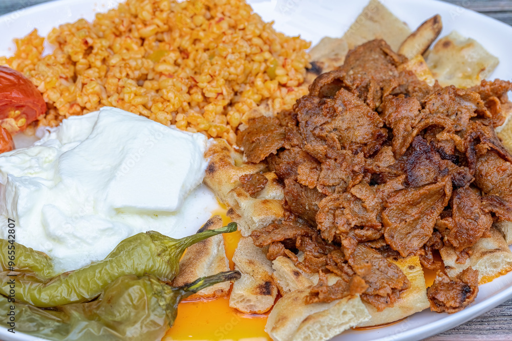 Meat doner menu, iskender menu on plate, turkish special meat doner, food, special menu (Turkish name; pilav üstü et doner)