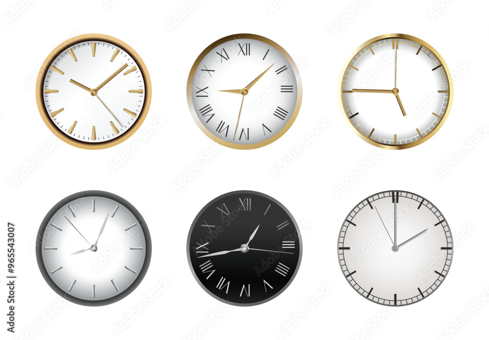 Mechanical watch set in classic design. Realistic wall watch, luxury fashion objects on white background. Elegant business chronograph Mechanical watch set in classic design. Realistic wall watch, luxury fashion objects on white background. Elegant business chronograph