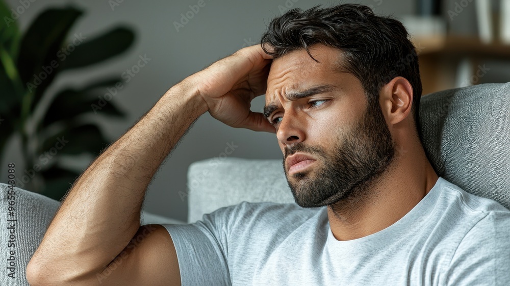 Obraz premium A thoughtful man sits on a couch, reflecting deeply with a serious expression on his face, surrounded by a calming interior.