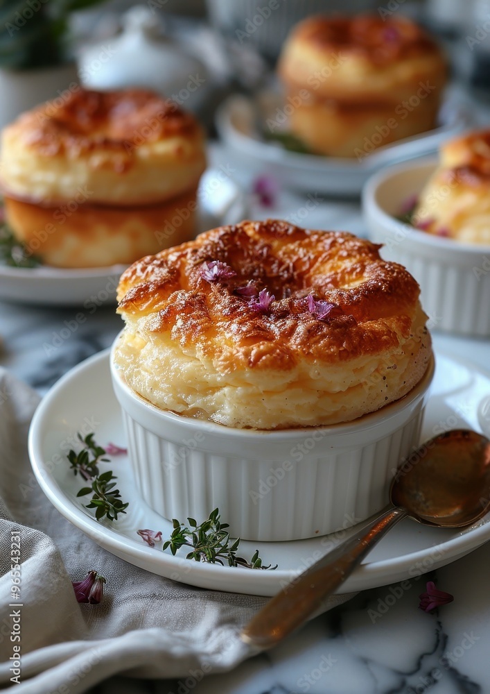 Souffle A perfectly risen cheese souffle with a golden, fluffy top. Served in a white ramekin on a matching plate Souffle A perfectly risen cheese souffle with a golden, fluffy top. Served in a white ramekin on a matching plate