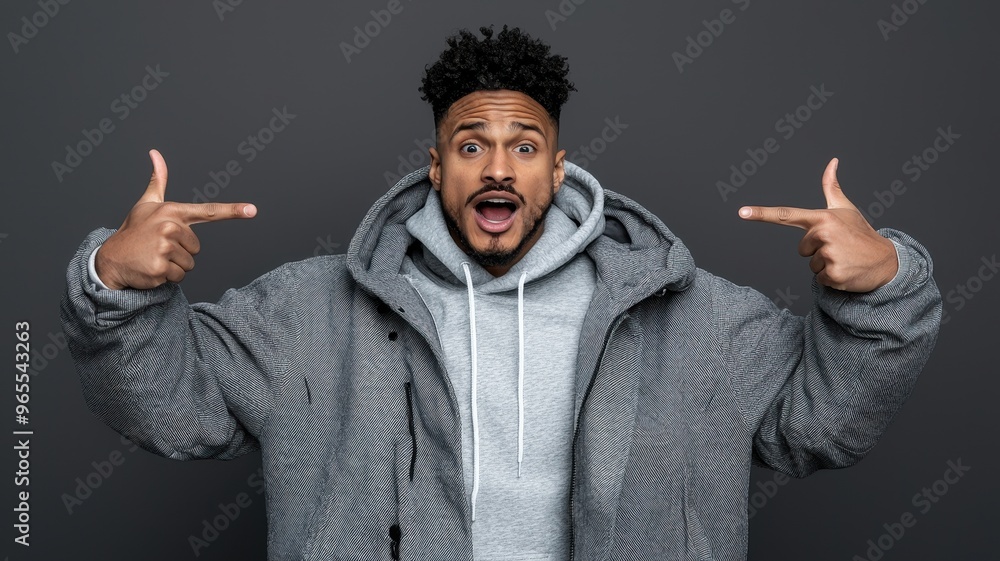 Cheerful young man expressing excitement and surprise in casual outfit against a dark background. Cheerful young man expressing excitement and surprise in casual outfit against a dark background.