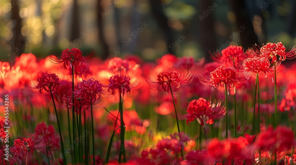 A striking field of red spider lilies (Lycoris radiata) in full bloom, creating a sea of crimson in a Japanese autumn landscape. The vibrant flowers stand out against the muted tones of the A striking field of red spider lilies (Lycoris radiata) in full bloom, creating a sea of crimson in a Japanese autumn landscape. The vibrant flowers stand out against the muted tones of the
