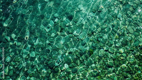 Top-down view, green pebbles under water surface, tranquil, calm, elegant