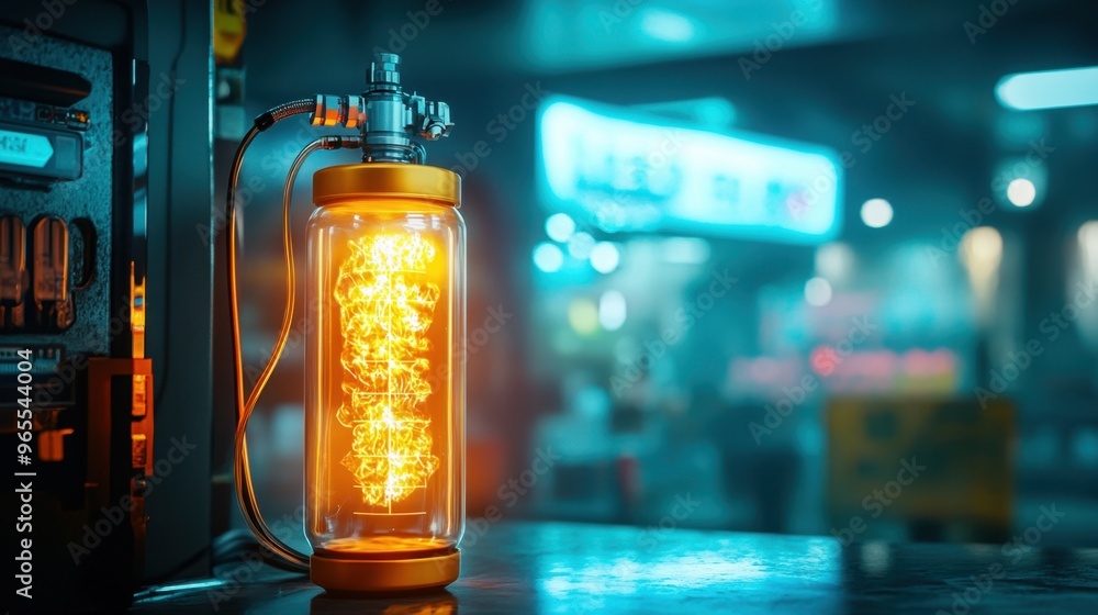 A glowing oxygen tank in a dark room, providing the only light and hope in the scene A glowing oxygen tank in a dark room, providing the only light and hope in the scene