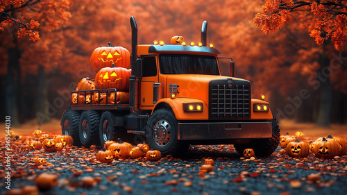 A bright orange semi-truck is parked in a forest during autumn. The truck is loaded with jack-o'-lanterns of various sizes. The trees in the forest have vibrant orange and red leaves. photo