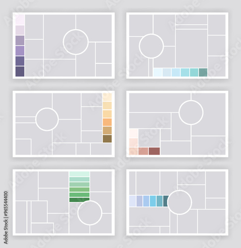Photo collage template set. Album brandboard, set portfolio images. Mood board backgrounds. Mosaic picture frames. Gallery banners. Vector illustration
