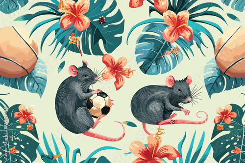 Seamless Pattern with Funny Rats Playing Football and Relaxing on Tropical Beach Resort