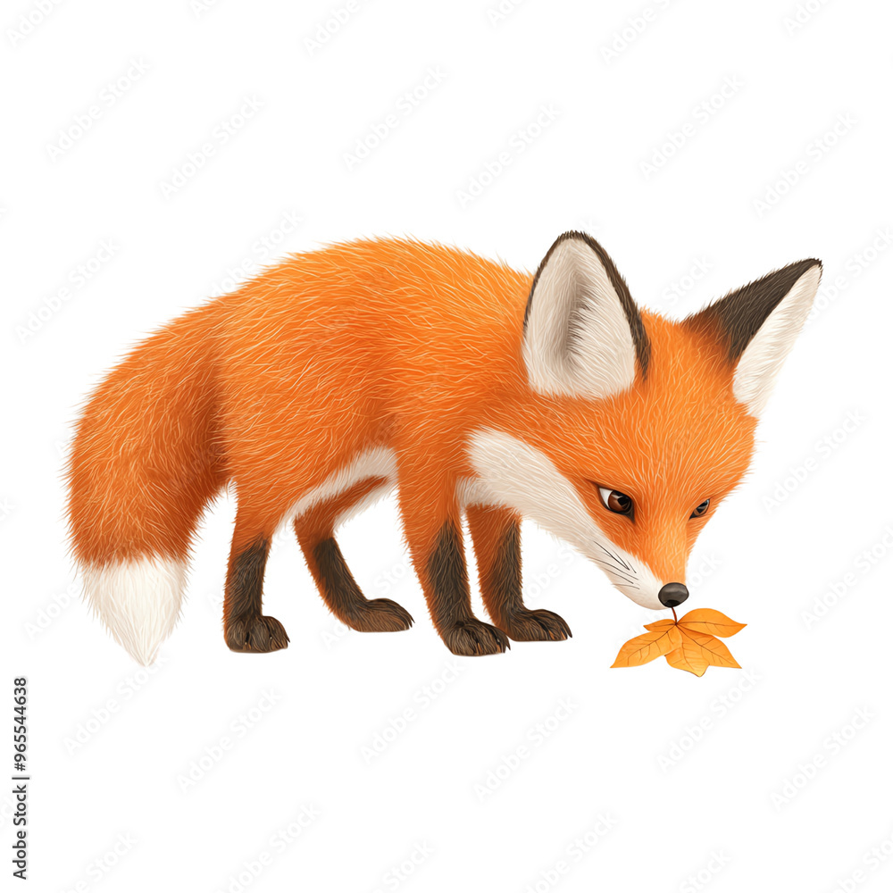 Fototapeta premium A cute fox sniffing a leaf, showcasing its vibrant orange fur and keen expression, ideal for nature and wildlife themes.