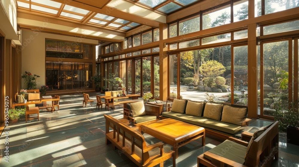 Sunlit lounge with wooden furniture and view of a Japanese garden through large windows. Sunlit lounge with wooden furniture and view of a Japanese garden through large windows.