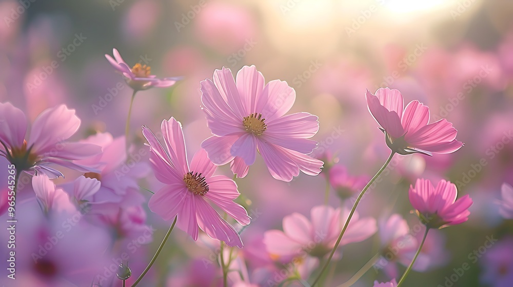A picturesque field of Cosmos bipinnatus, with pink flowers gently swaying in the breeze, creating a scene of delicate beauty. The daisy-like flowers, with their feathery leaves, dance lightly A picturesque field of Cosmos bipinnatus, with pink flowers gently swaying in the breeze, creating a scene of delicate beauty. The daisy-like flowers, with their feathery leaves, dance lightly