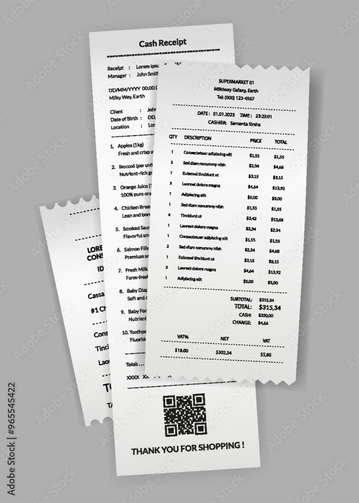 Naklejka premium Payment check and receipts. Set of financial paper, purchase invoice. Buying, bill or calculate pay. Receipt the seller forms