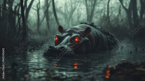 A zombie hippopotamus with a grotesque, decaying face and glowing eyes, submerged in a murky swamp.