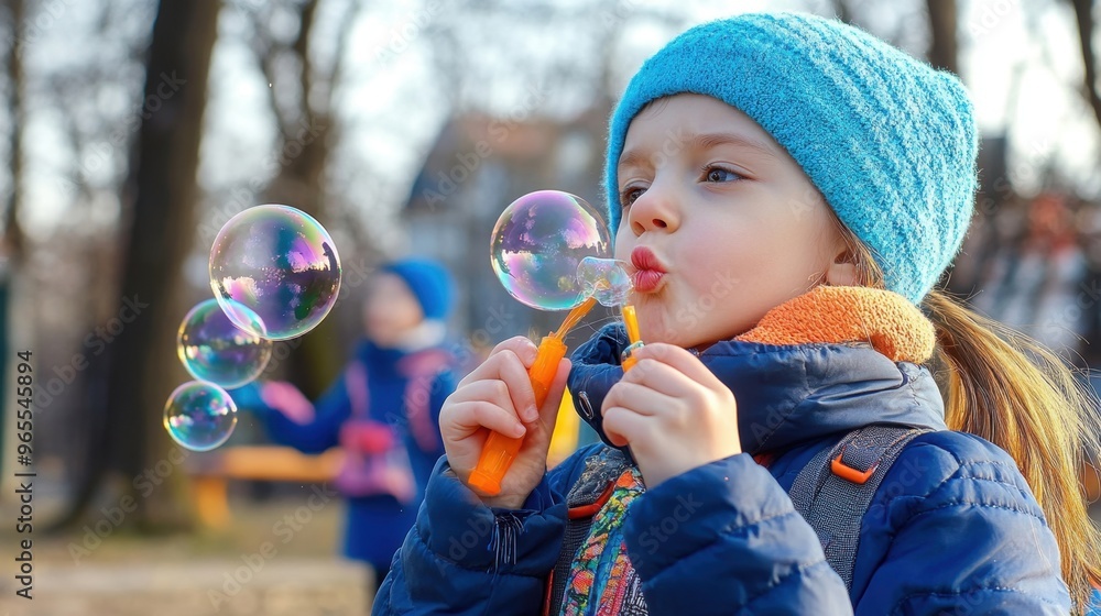 A child blowing bubbles in a park, each bubble representing the oxygen they are breathing A child blowing bubbles in a park, each bubble representing the oxygen they are breathing