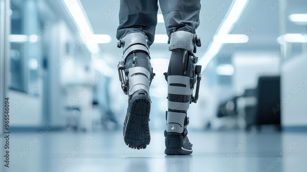 Obraz premium A futuristic medical exoskeleton helping a patient walk again after injury, medical exoskeleton rehabilitation, innovative physical therapy