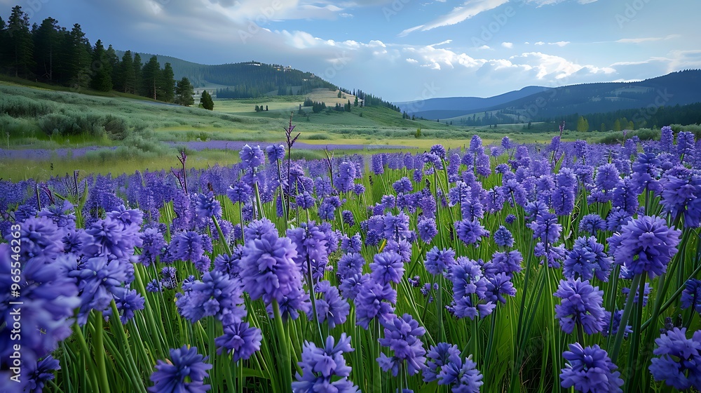 Obraz premium A lush meadow filled with purple-blue camas flowers in full spring bloom, their vibrant colors creating a stunning natural mosaic. The delicate petals of the camas sway gently in the breeze, 