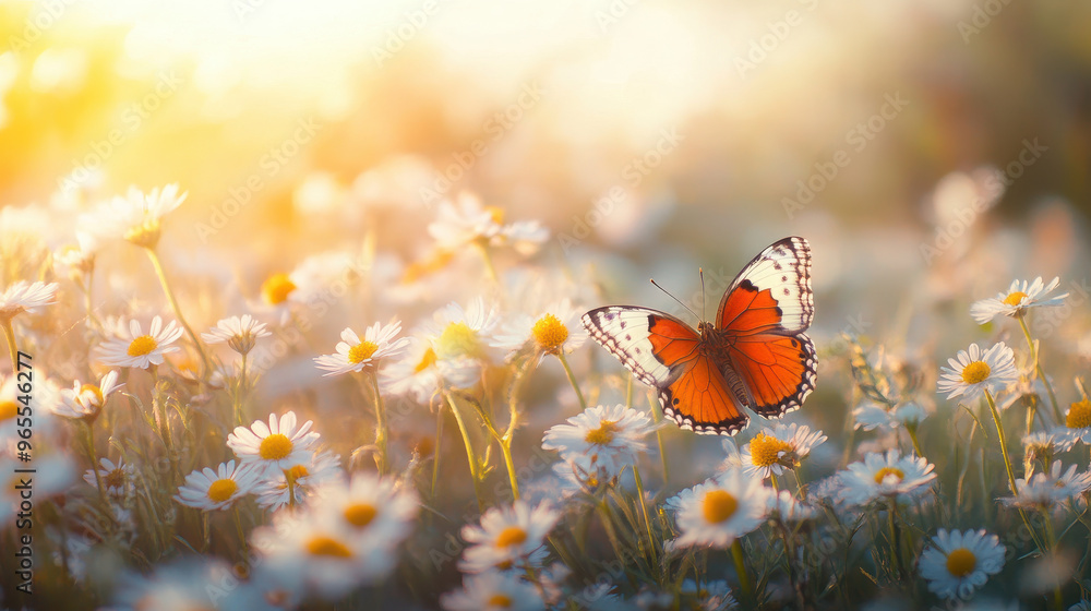 A vibrant butterfly rests on a field of daisies, illuminated by soft sunlight. A vibrant butterfly rests on a field of daisies, illuminated by soft sunlight.