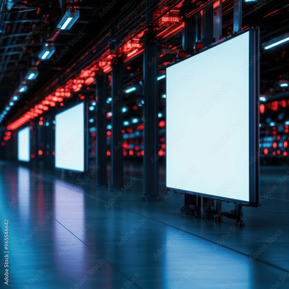Futuristic display screens illuminate a modern space, showcasing digital technology in vibrant red lighting. Futuristic display screens illuminate a modern space, showcasing digital technology in vibrant red lighting.