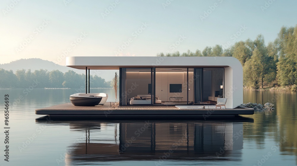 A modern, white, floating home on a still lake with trees in the background. A modern, white, floating home on a still lake with trees in the background.