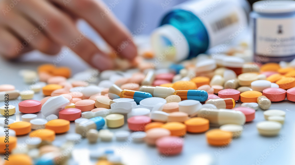 A detailed shot of various pills and capsules scattered on a white table, with a doctor’s hand reaching for a prescription bottle in the background. A detailed shot of various pills and capsules scattered on a white table, with a doctor’s hand reaching for a prescription bottle in the background.