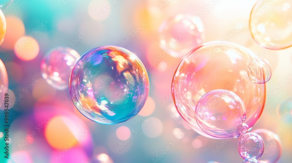 Colorful soap bubbles floating in sunlight, dreamy atmosphere. Playful imagination and joy concept Colorful soap bubbles floating in sunlight, dreamy atmosphere. Playful imagination and joy concept