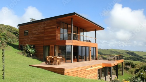 Modern wooden house on a hillside with a deck and a view of the rolling hills.