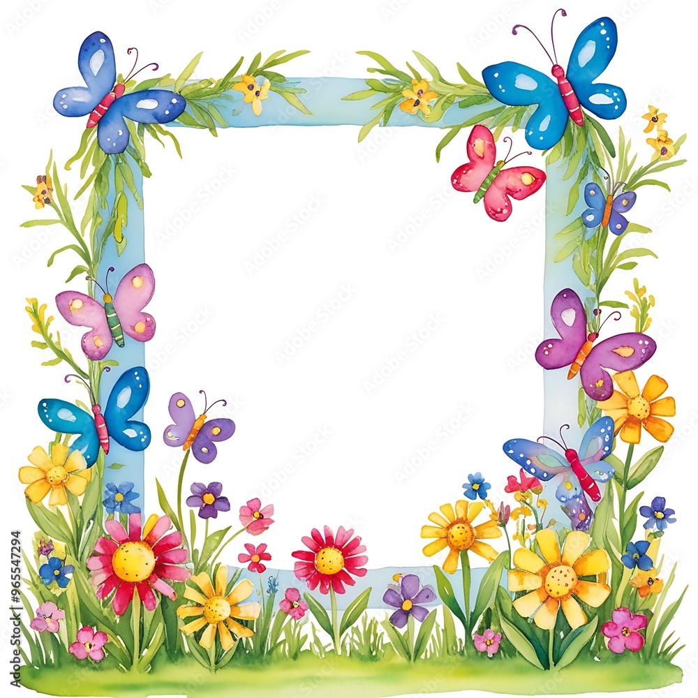 Whimsical watercolor garden frame with playful butterflies and blooming wildflowers in bright colors, ideal for summer events or children's parties. Whimsical watercolor garden frame with playful butterflies and blooming wildflowers in bright colors, ideal for summer events or children's parties.