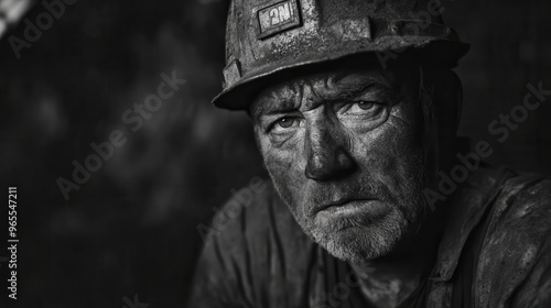 A rugged miner with a weathered face, showcasing the toil of labor in a monochrome portrait.