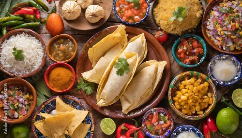 Close-up of traditional Hispanic dishes in a top-down shot featuring tamales, empanadas, tacos, and churros arranged for Hispanic Heritage Month. Warm reds, golds, and browns. Detailed textures, garni