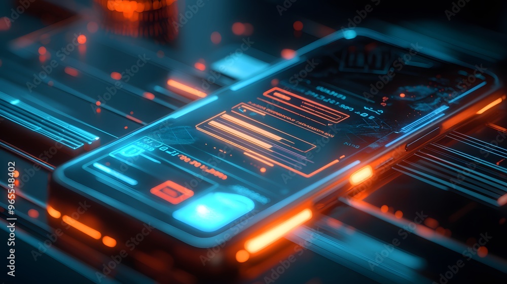 Fototapeta premium Digital wallet interface on a smartphone, holographic transaction history, glowing neon blue elements, dark background, high-tech and cutting-edge design,