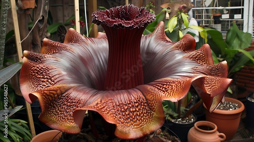 A close-up of the Amorphophallus titanum, known as the corpse flower, in full bloom, revealing its towering spadix and unique structure. The flower's immense size and deep maroon color create  photo