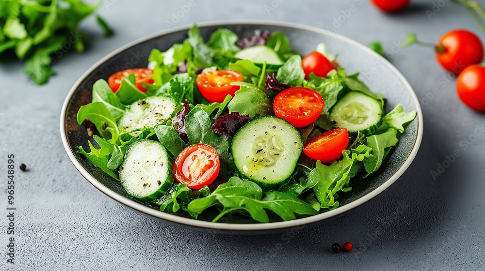 Fresh Salad Bowl: A vibrant and enticing salad bowl brimming with fresh greens, juicy cherry tomatoes, and crisp cucumber slices. The perfect image for healthy eating, vegetarian cuisine Fresh Salad Bowl: A vibrant and enticing salad bowl brimming with fresh greens, juicy cherry tomatoes, and crisp cucumber slices. The perfect image for healthy eating, vegetarian cuisine