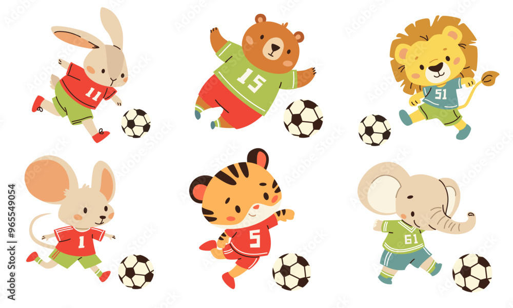 Set of flat vector illustrations in children's style. Cute animals in uniform playing soccer. Lion elephant elephant tiger hare mouse and bear. Vector illustration Set of flat vector illustrations in children's style. Cute animals in uniform playing soccer. Lion elephant elephant tiger hare mouse and bear. Vector illustration