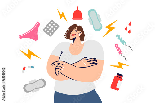 Menstruation cycle causes bad mood in woman standing among medicines and feminine hygiene products