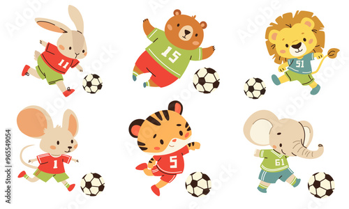 Set of flat vector illustrations in children's style. Cute animals in uniform playing soccer. Lion elephant elephant tiger hare mouse and bear. Vector illustration