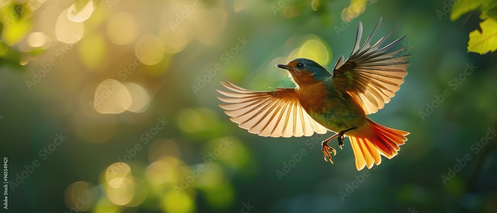 Vibrant wild bird in flying pose flapping beautiful wings against the backdrop of green forest background Vibrant wild bird in flying pose flapping beautiful wings against the backdrop of green forest background