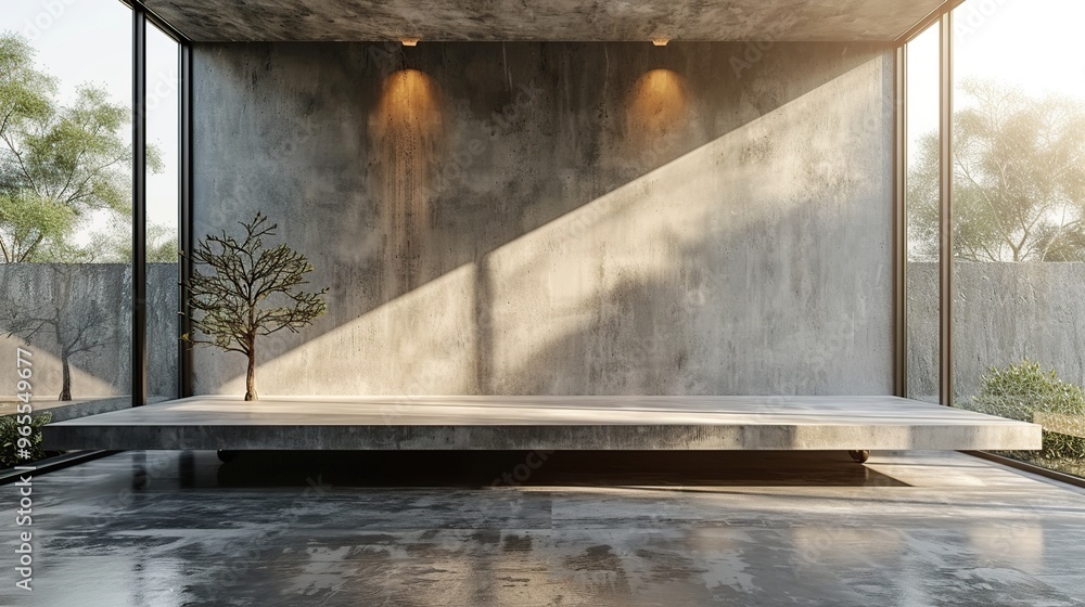 Minimalist Concrete Room with a Tree and Sunlight Minimalist Concrete Room with a Tree and Sunlight