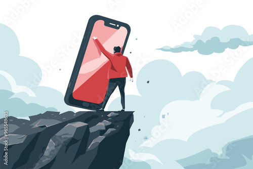 Unhappy User Pushing Giant Smartphone off Cliff, Symbolizing Digital Detox and Freedom from Mobile Addiction