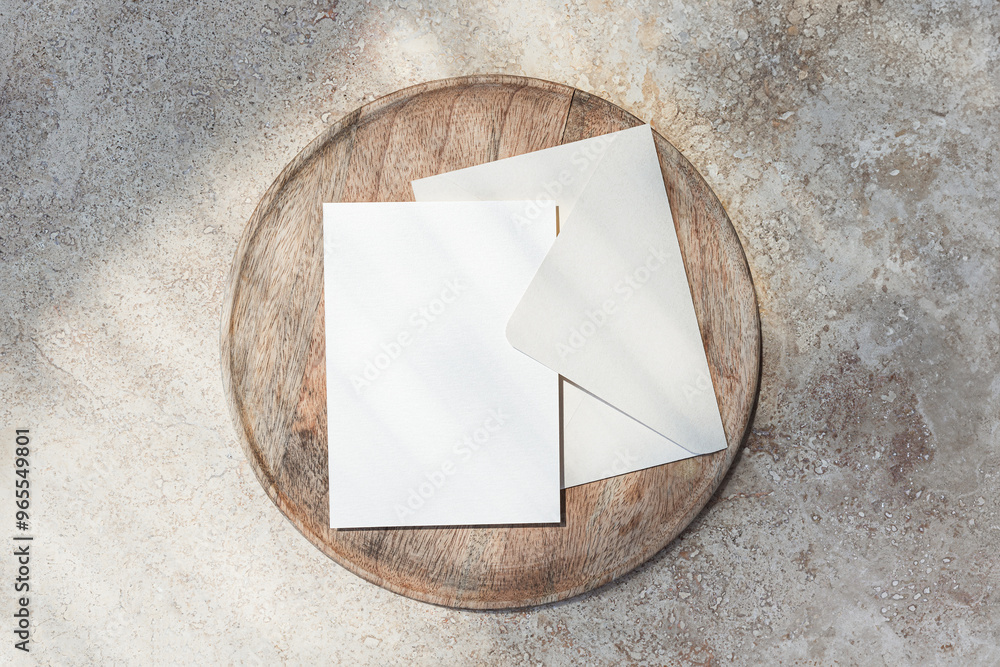 Blank 5x7 card mockup with envelope on wooden tray and stone background top view Blank 5x7 card mockup with envelope on wooden tray and stone background top view