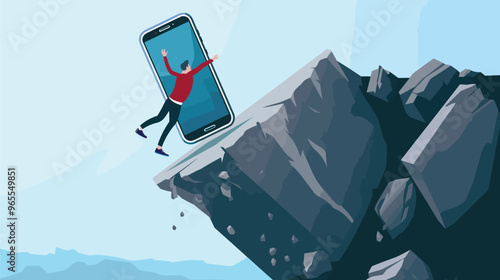 Unhappy User Pushing Giant Smartphone off Cliff, Symbolizing Digital Detox and Freedom from Mobile Addiction