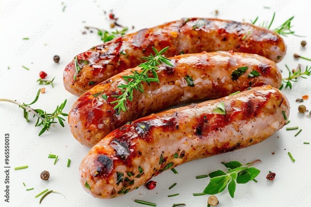 Grilled sausages with herbs on a white background, showcasing deliciously browned textures and garnished with fresh greenery Grilled sausages with herbs on a white background, showcasing deliciously browned textures and garnished with fresh greenery