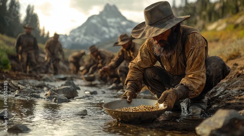 Prospectors panning for gold in a mountain stream during the gold rush
