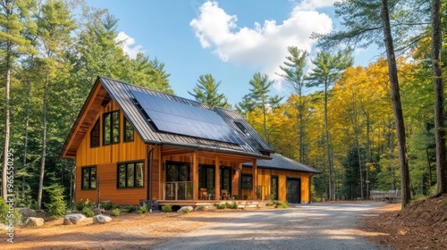 A modern wooden house with a solar panel roof sits in a forest setting with a gravel driveway and a porch.