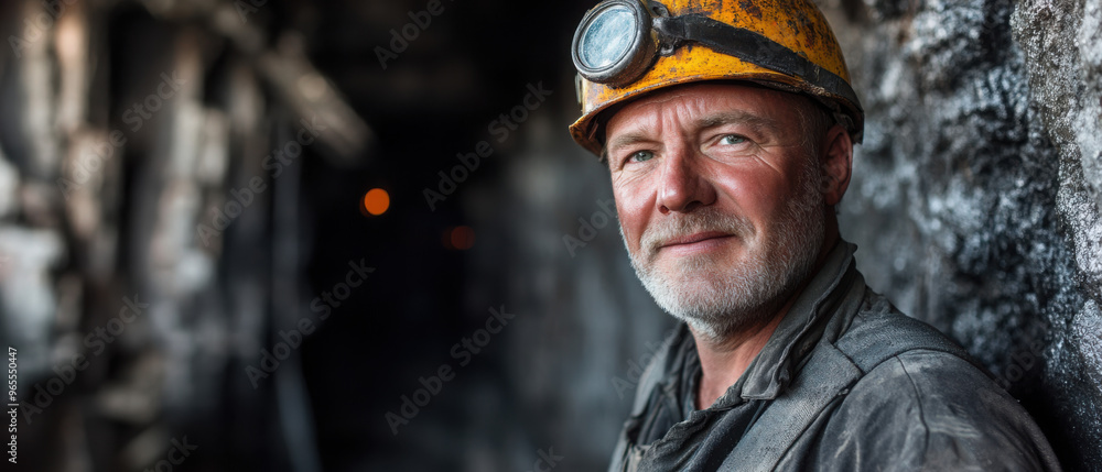 A miner in a tunnel, wearing a helmet and looking confidently at the camera. A miner in a tunnel, wearing a helmet and looking confidently at the camera.