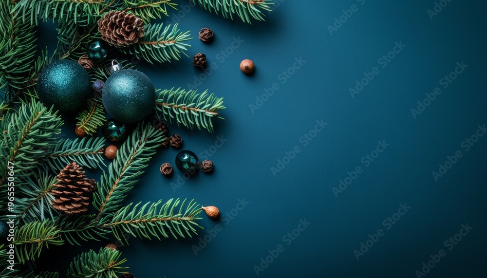 Christmas background. Fir branches with green ornaments and pine cones on dark blue, copy space. Christmas background. Fir branches with green ornaments and pine cones on dark blue, copy space.