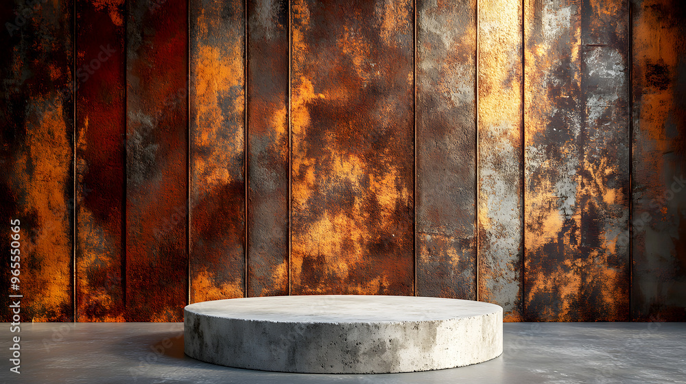 podium made of rough concrete, placed in front of a rusted metal wall with soft industrial lighting highlighting its textures podium made of rough concrete, placed in front of a rusted metal wall with soft industrial lighting highlighting its textures